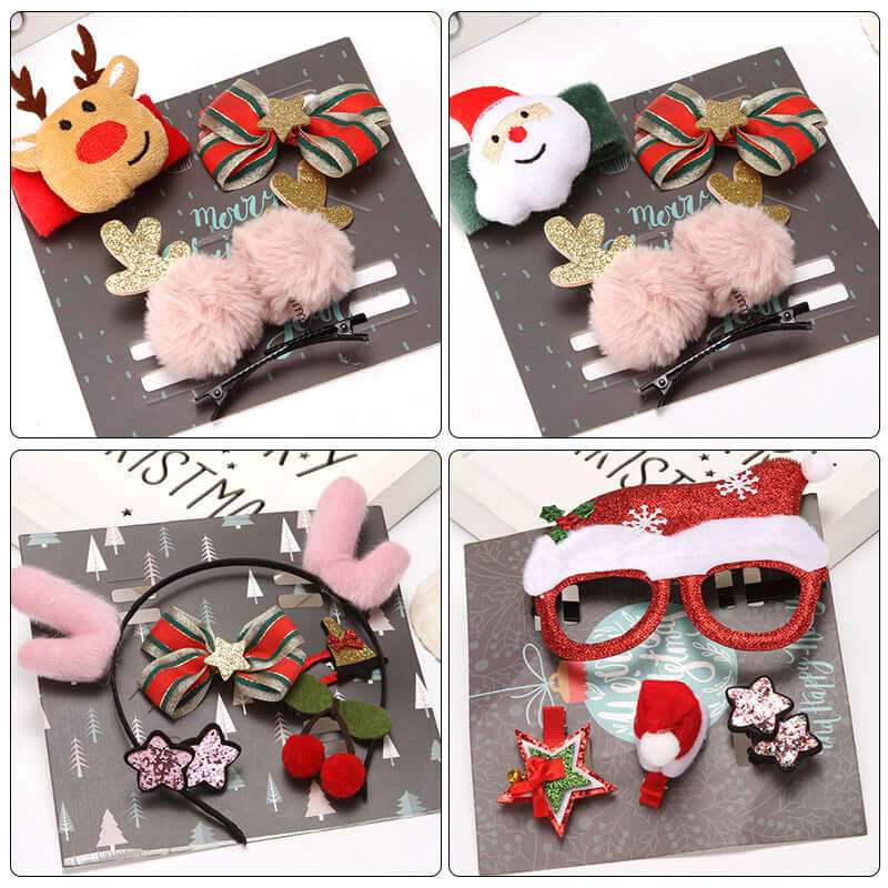 Set of festive Christmas-themed hair accessories, including reindeer, Santa, bows, and holiday headbands.