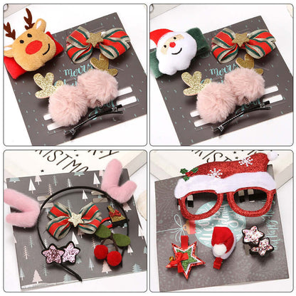 Set of festive Christmas-themed hair accessories, including reindeer, Santa, bows, and holiday headbands.