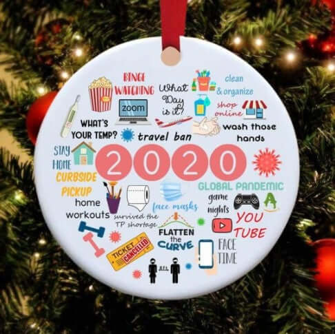 2020 themed Christmas ornament with pandemic icons, text, and holiday decor on a tree