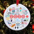 2020 themed ceramic Christmas ornament with pandemic references and icons, hanging on a tree.