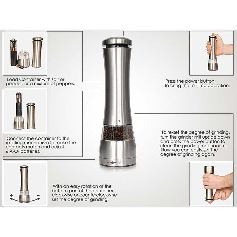 Stainless steel electric pepper grinder with instructions, modern kitchen accessory.