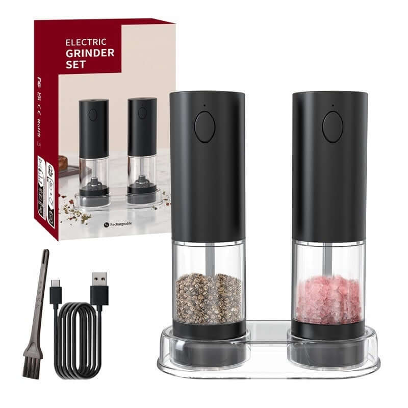 Electric salt and pepper grinder set with charging cable, cleaning brush, and gift box