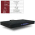 Black large range hood with digital touch controls and specs chart, modern kitchen appliance.