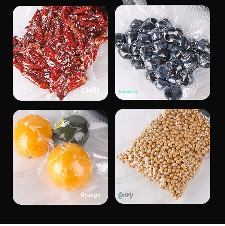 Vacuum-sealed bags with chili, blueberries, oranges, and soybeans on a kitchen surface.