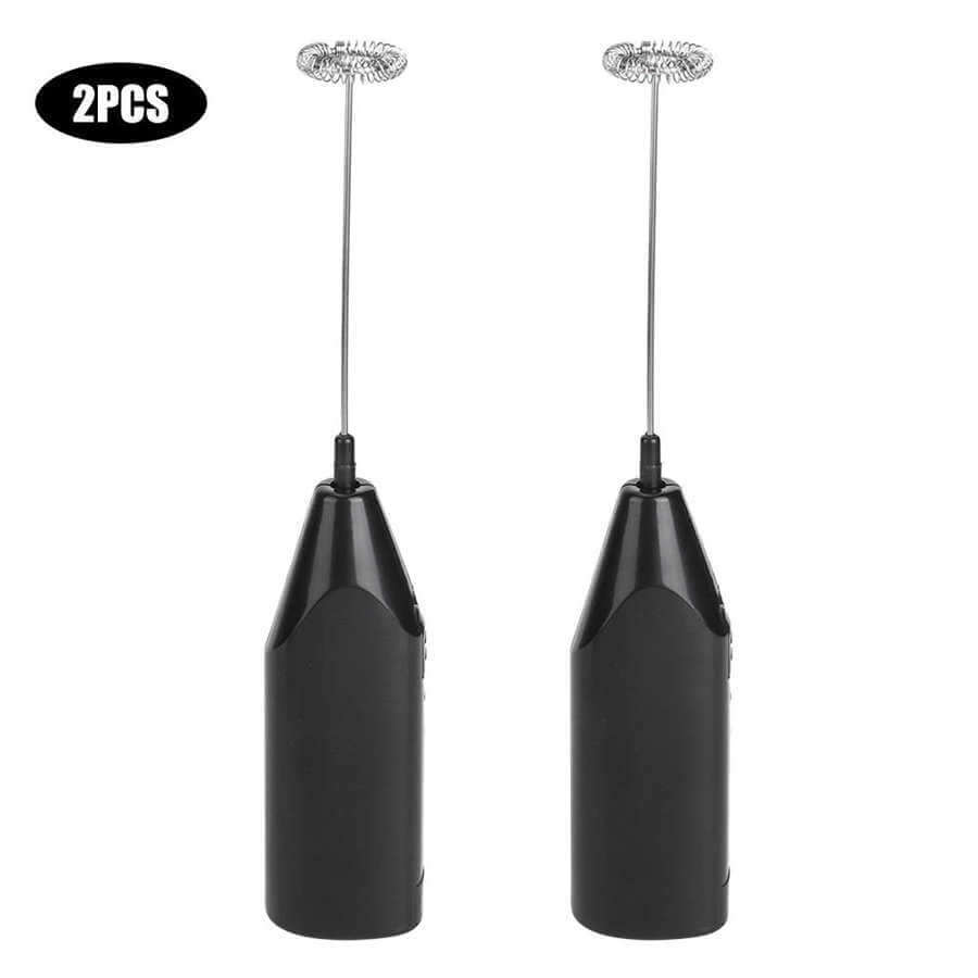 Set of two black handheld milk frothers with stainless steel whisks for coffee or latte