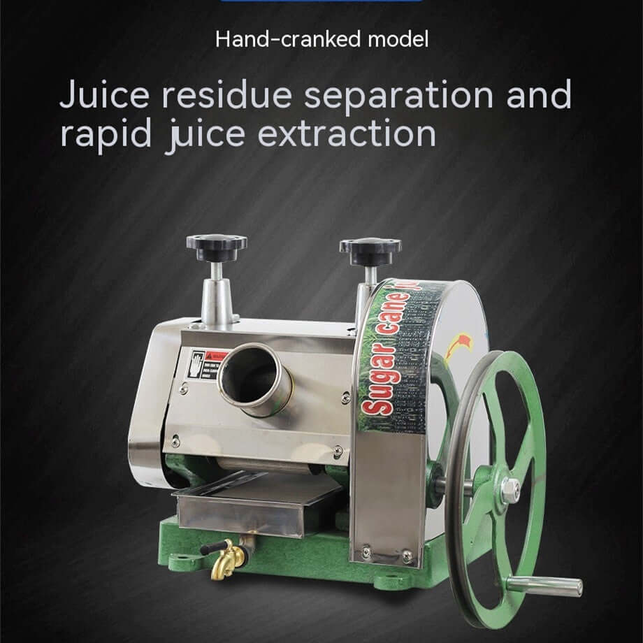 Hand-cranked sugar cane juicer with juice residue separation feature on black background