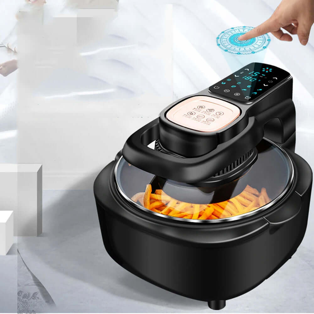 Digital air fryer with fries, touchscreen control panel, modern kitchen appliance