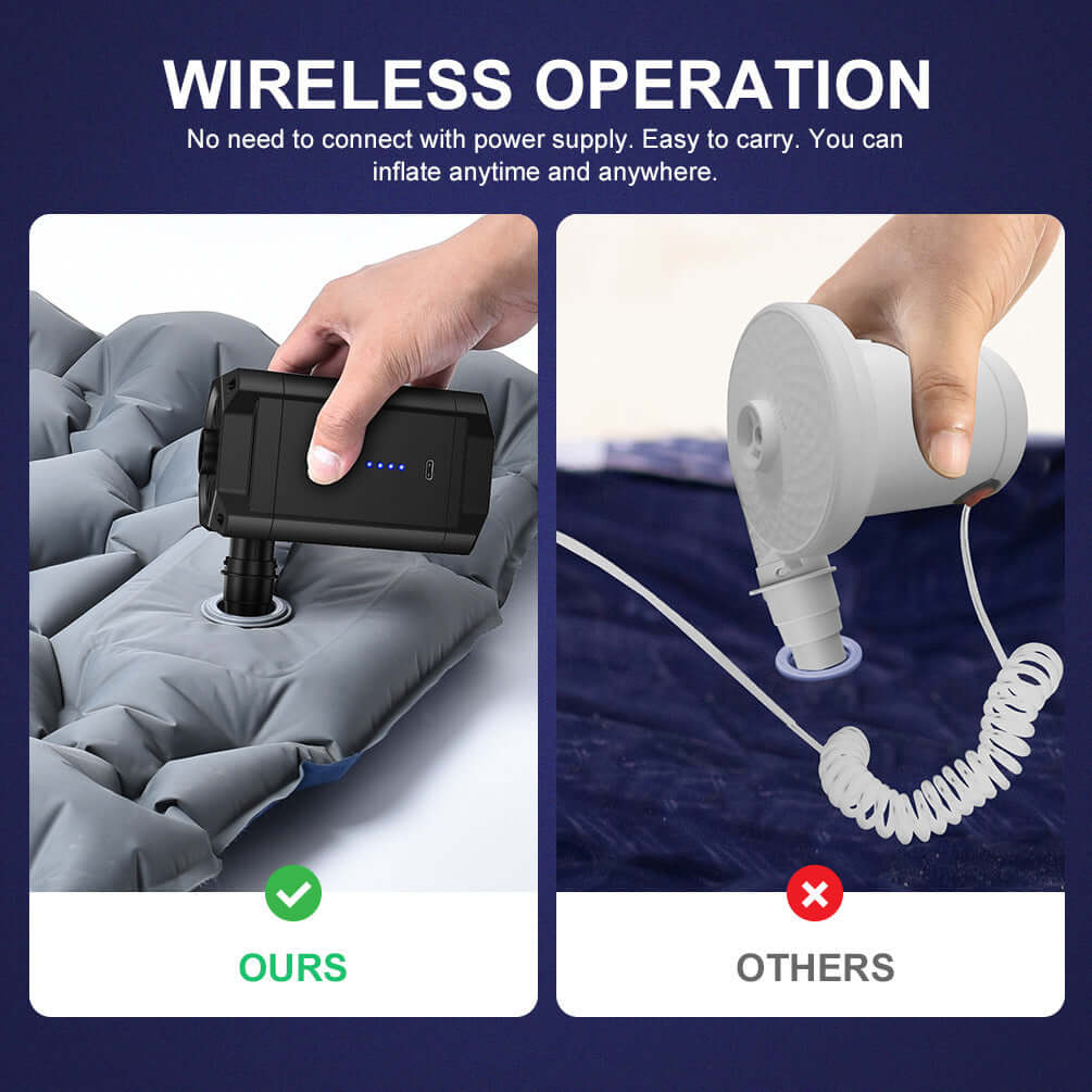 Wireless air pump inflating air mattress compared to corded air pump