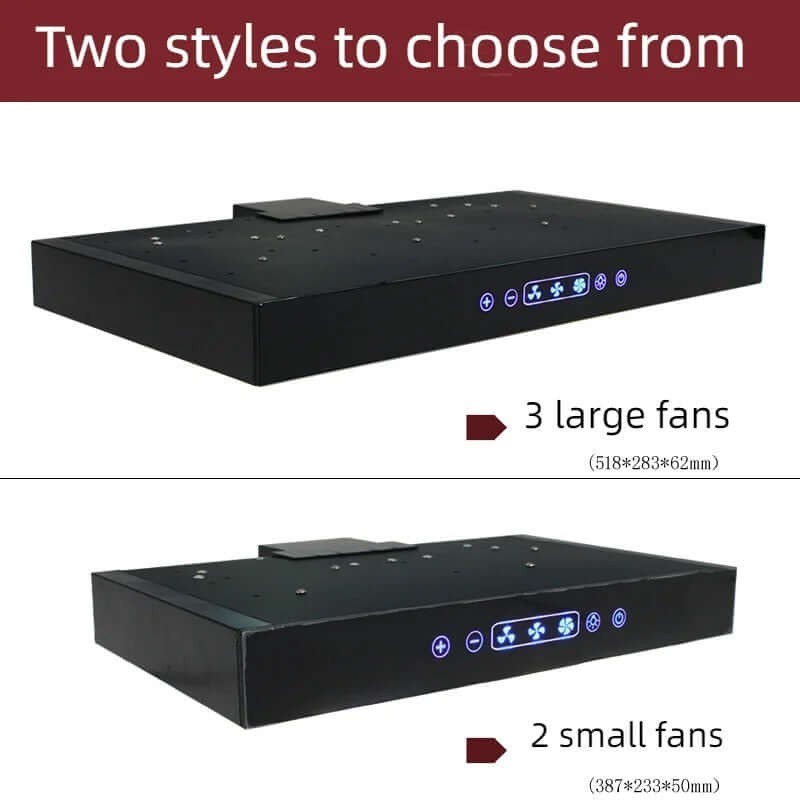 Black kitchen range hood with touch controls, available with 3 large fans or 2 small fans.