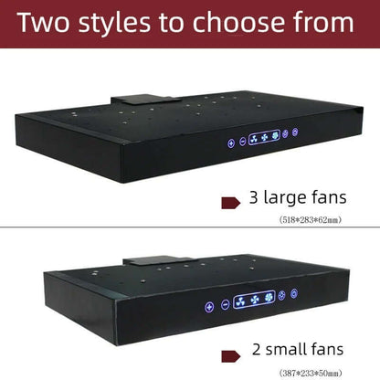 Black kitchen range hood with touch controls, available with 3 large fans or 2 small fans.