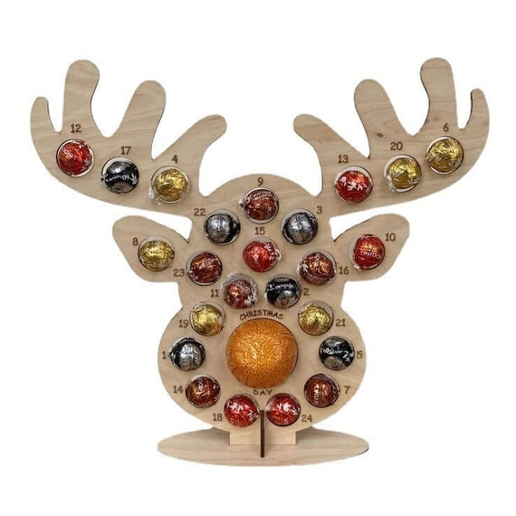 Wooden reindeer advent calendar holder with assorted chocolates for Christmas countdown