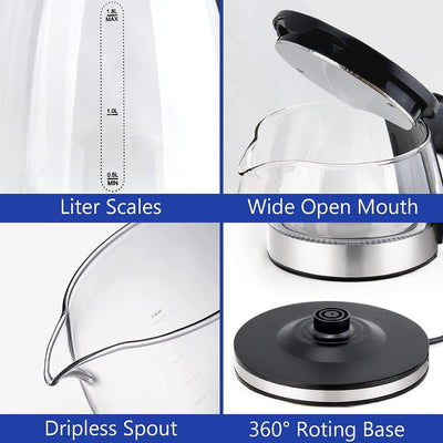 Electric Water Kettle - 1.8L With LED Light, Auto Shut-Off & Boil Dry Protection, Glass Black