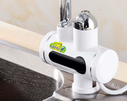 Electric hot water faucet installed on a kitchen sink, modern white and chrome design