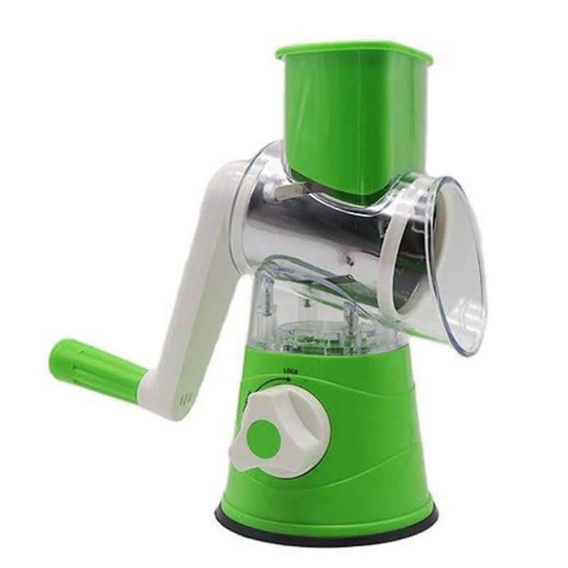 Green manual rotary cheese grater kitchen tool with handle and suction base