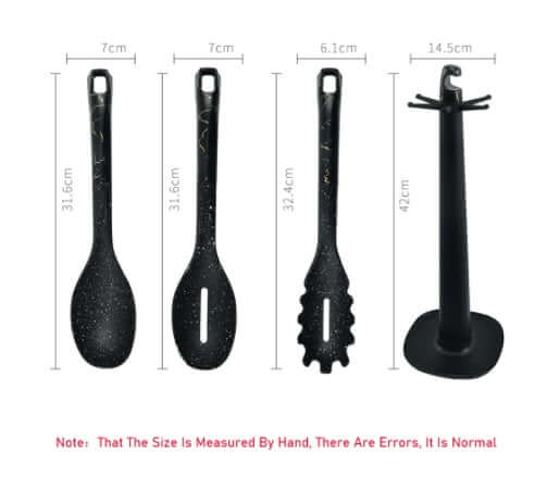 Black kitchen utensil set with holder, including spoon, slotted spoon, and spaghetti server, with measurements
