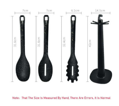 Black kitchen utensil set with holder, including spoon, slotted spoon, and spaghetti server, with measurements