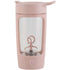Pink portable blender with clear container and power button for kitchen use