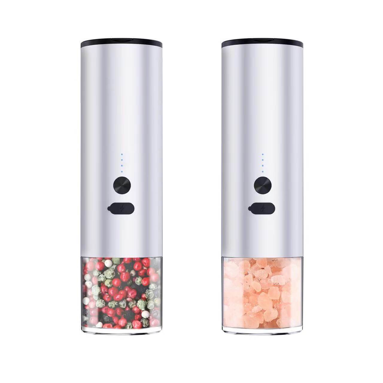 Stainless steel electric salt and pepper grinders with LED indicator lights, filled with pink salt and mixed peppercorns.