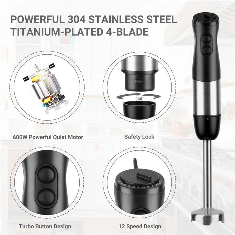 Stainless steel hand blender with titanium-plated 4-blade, 12 speed, turbo and safety lock.