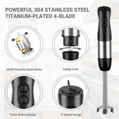 Stainless steel hand blender with titanium-plated 4-blade, 12 speed, turbo and safety lock.