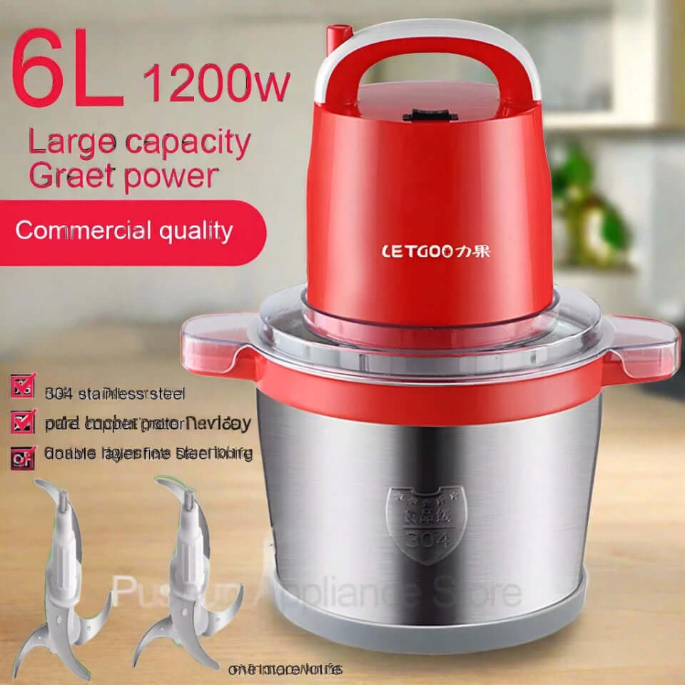 Red and silver 6L 1200W electric food chopper with stainless steel bowl and two blade attachments