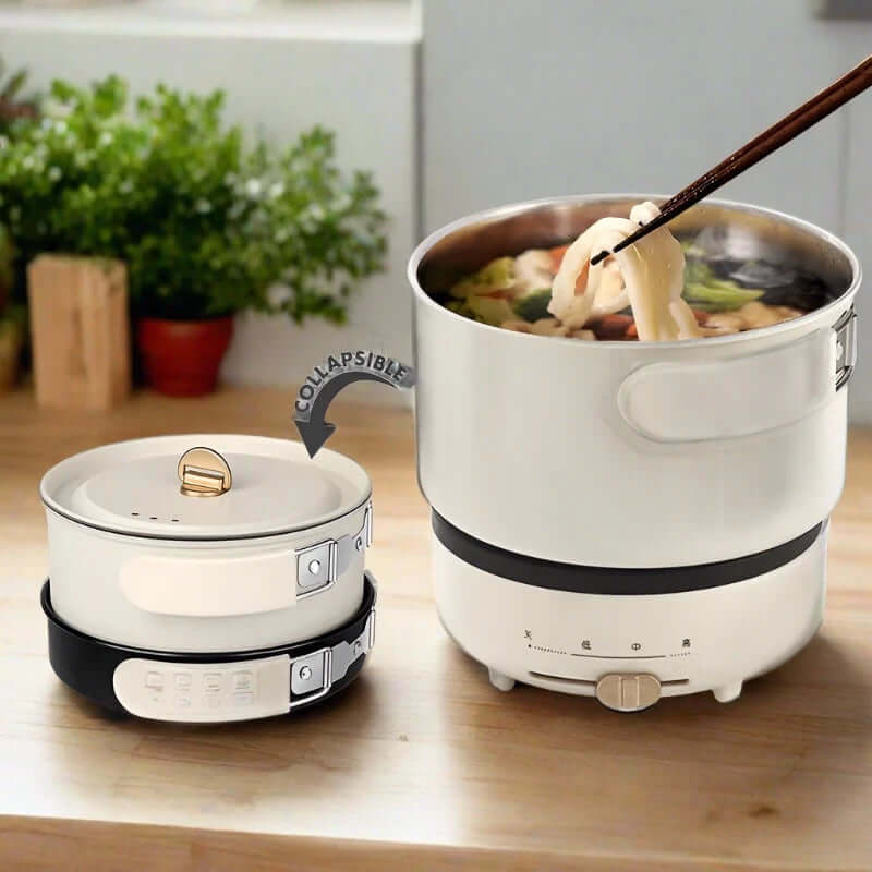 Collapsible electric hot pot cooking noodles on kitchen counter, compact and portable design