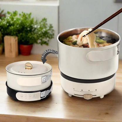 Collapsible electric hot pot cooking noodles on kitchen counter, compact and portable design