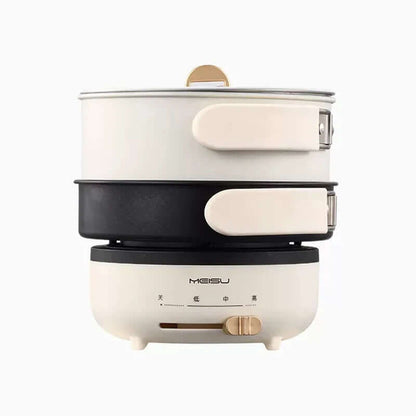Stackable electric multi cooker with steamer and pot, white and black kitchen appliance