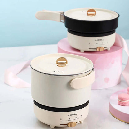 Elegant electric cooking pots with handles and lids, modern kitchen appliances on display.