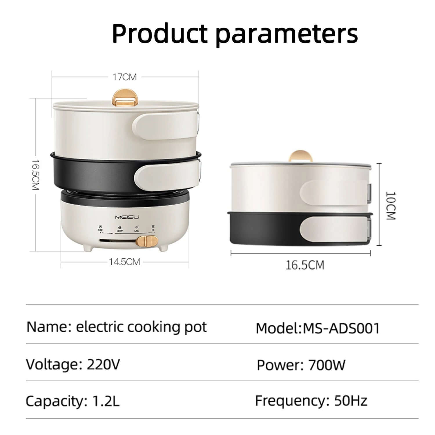 Compact electric cooking pot with handle, white and black, product dimensions and specs shown