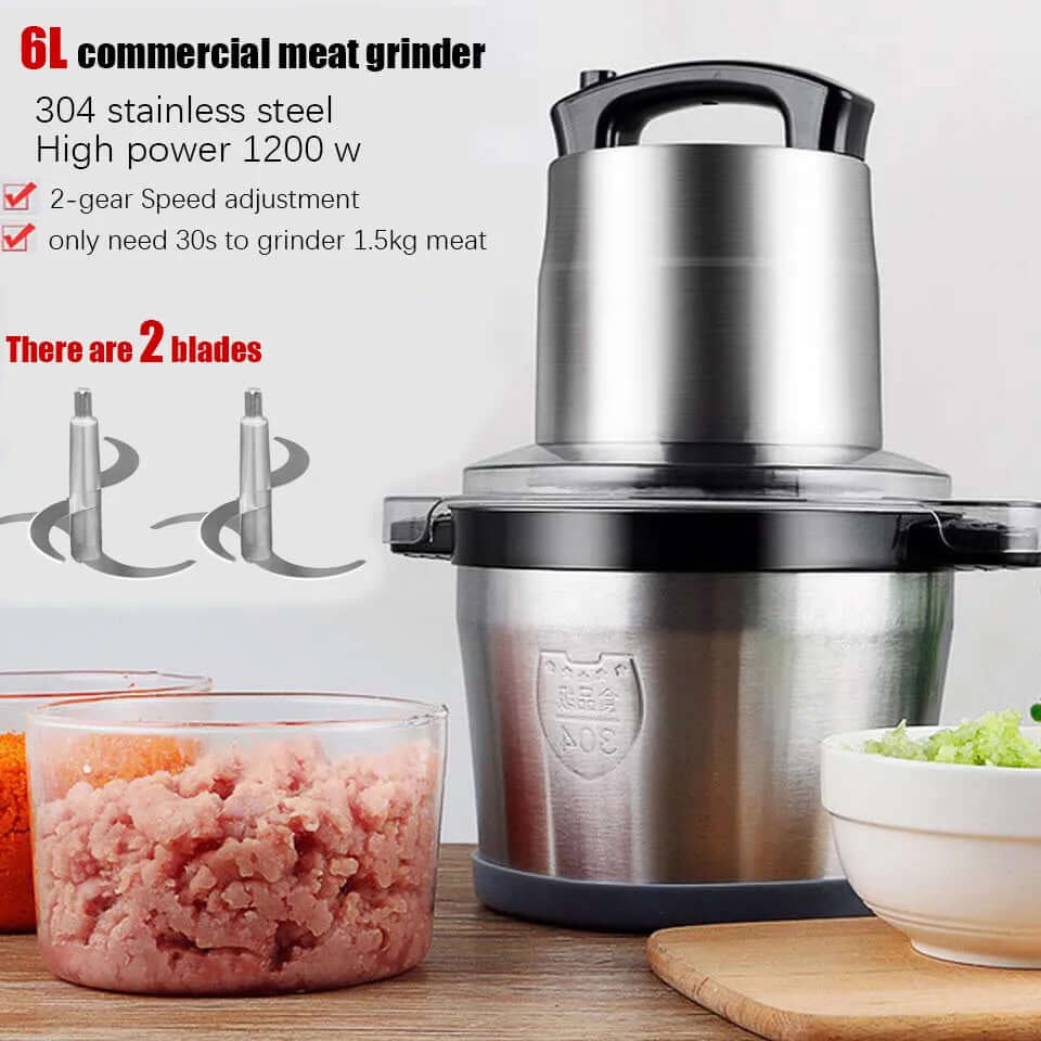 6L stainless steel commercial meat grinder with two blades, high power, meat and vegetable bowls