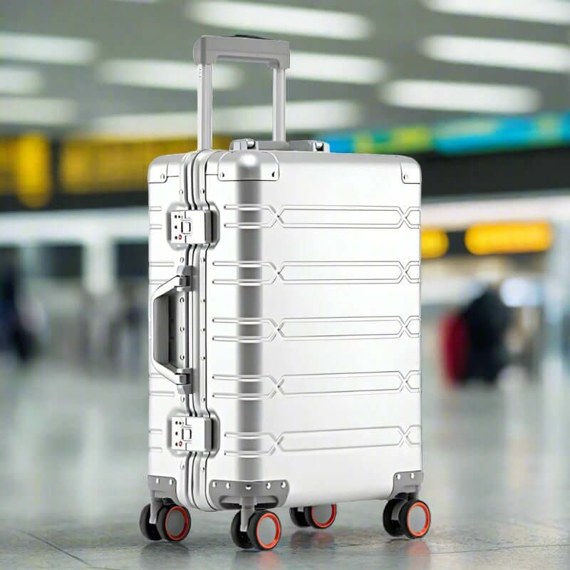 Silver hard shell rolling suitcase with telescopic handle in airport terminal