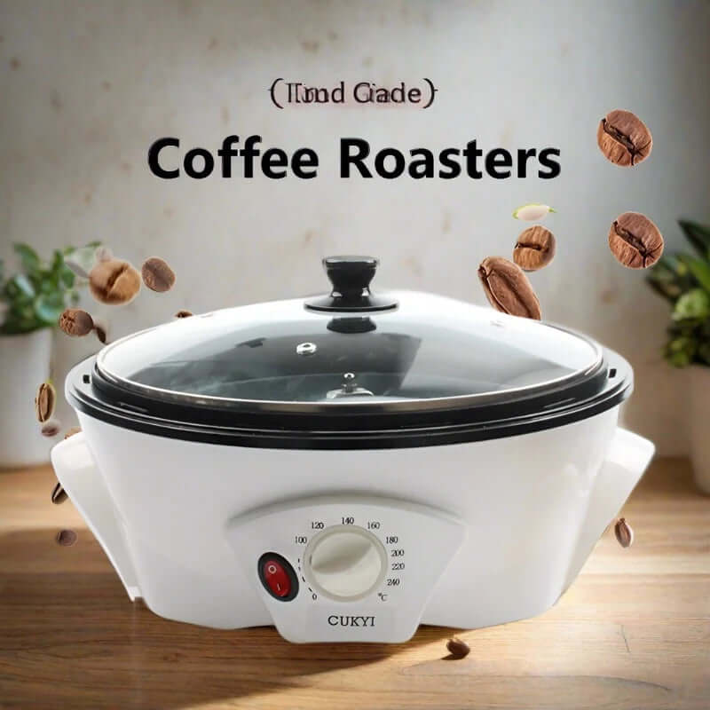 Electric coffee roaster with glass lid and temperature control on wooden kitchen counter