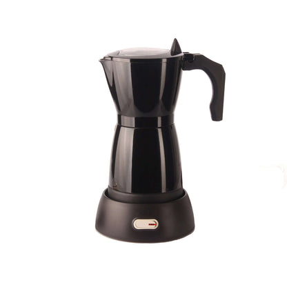 Black electric moka pot espresso coffee maker with handle on white background