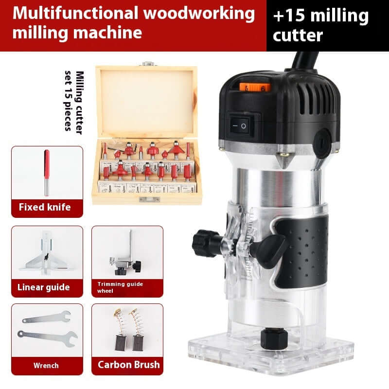 Multifunctional woodworking milling machine with 15-piece cutter set and accessories