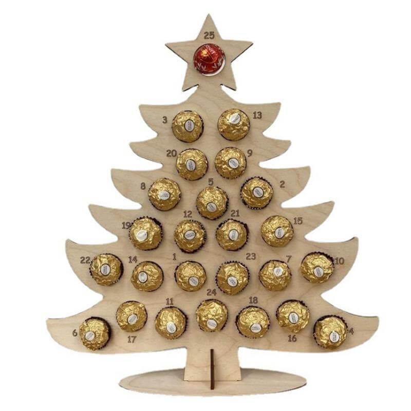 Wooden Christmas tree advent calendar with numbered slots and gold-wrapped chocolates