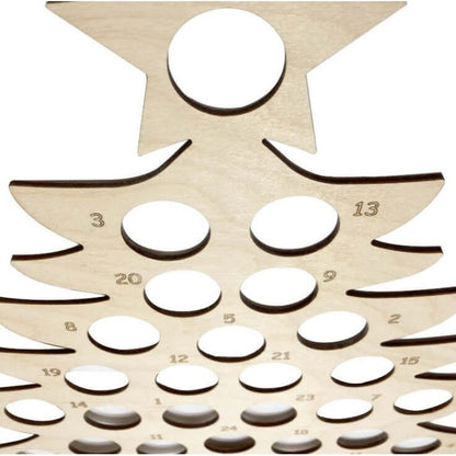 Wooden Christmas tree-shaped advent calendar with numbered circular slots