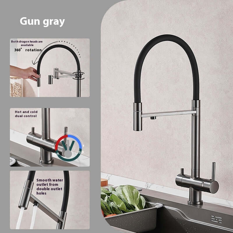 Gun gray kitchen faucet with 360-degree rotation, dual hot and cold control, double outlet design.