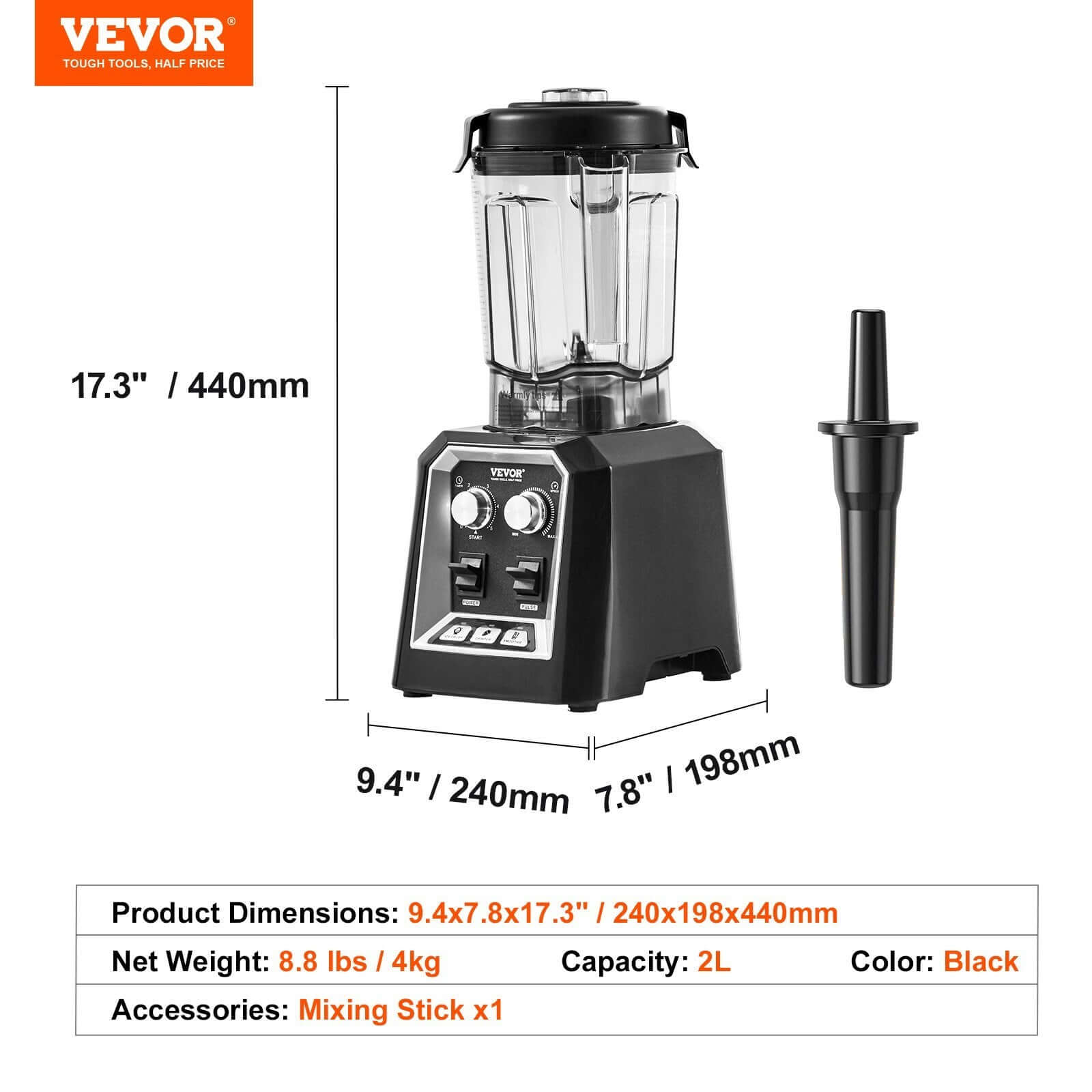 Black countertop blender with mixing stick, control panel, and measurement details shown.