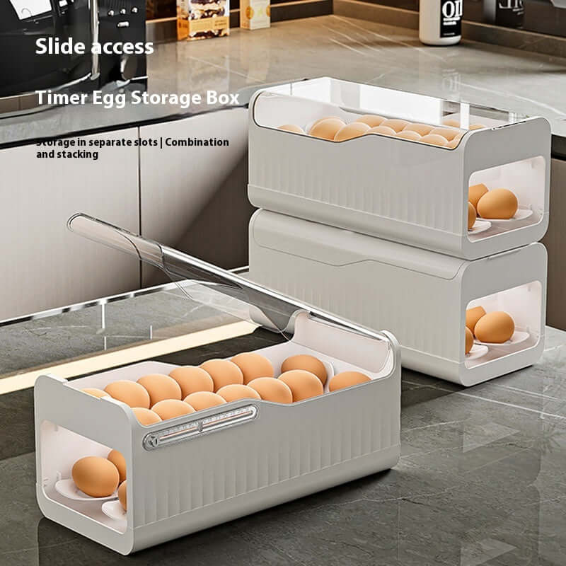 Stackable transparent egg storage boxes with slide access on a kitchen counter