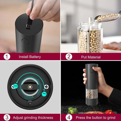 Step-by-step guide for using an electric pepper grinder, showing charging, filling, adjusting grind size, and pressing button to grind spices.