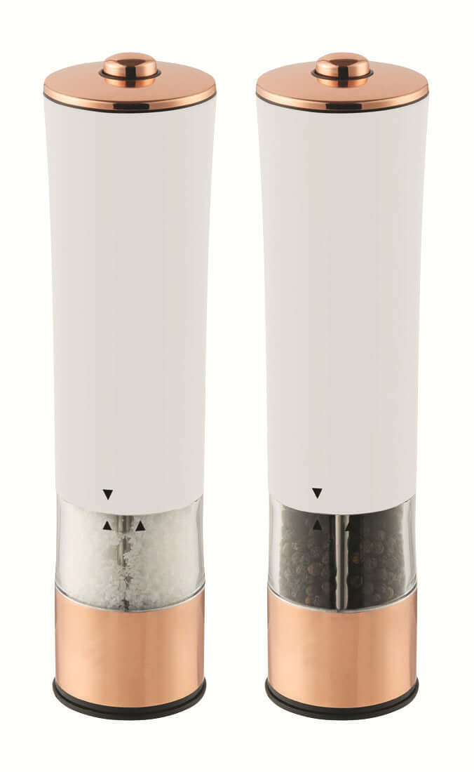 Modern salt and pepper grinders with white and copper accents, kitchen accessories