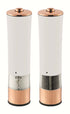 Modern salt and pepper grinders with white and copper accents, kitchen accessories