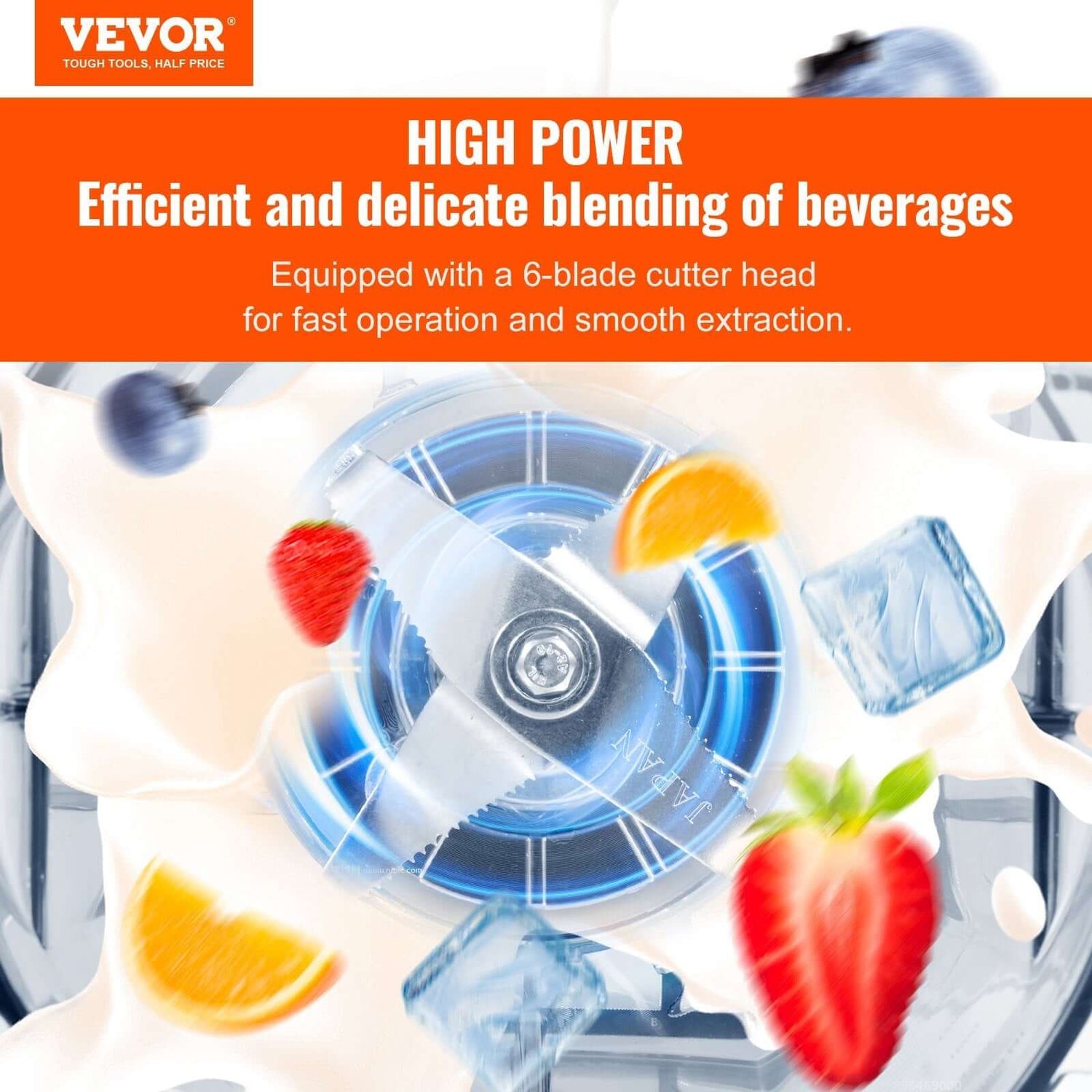 High power blender with six-blade cutter, blending fruit, ice, and milk for smoothies.
