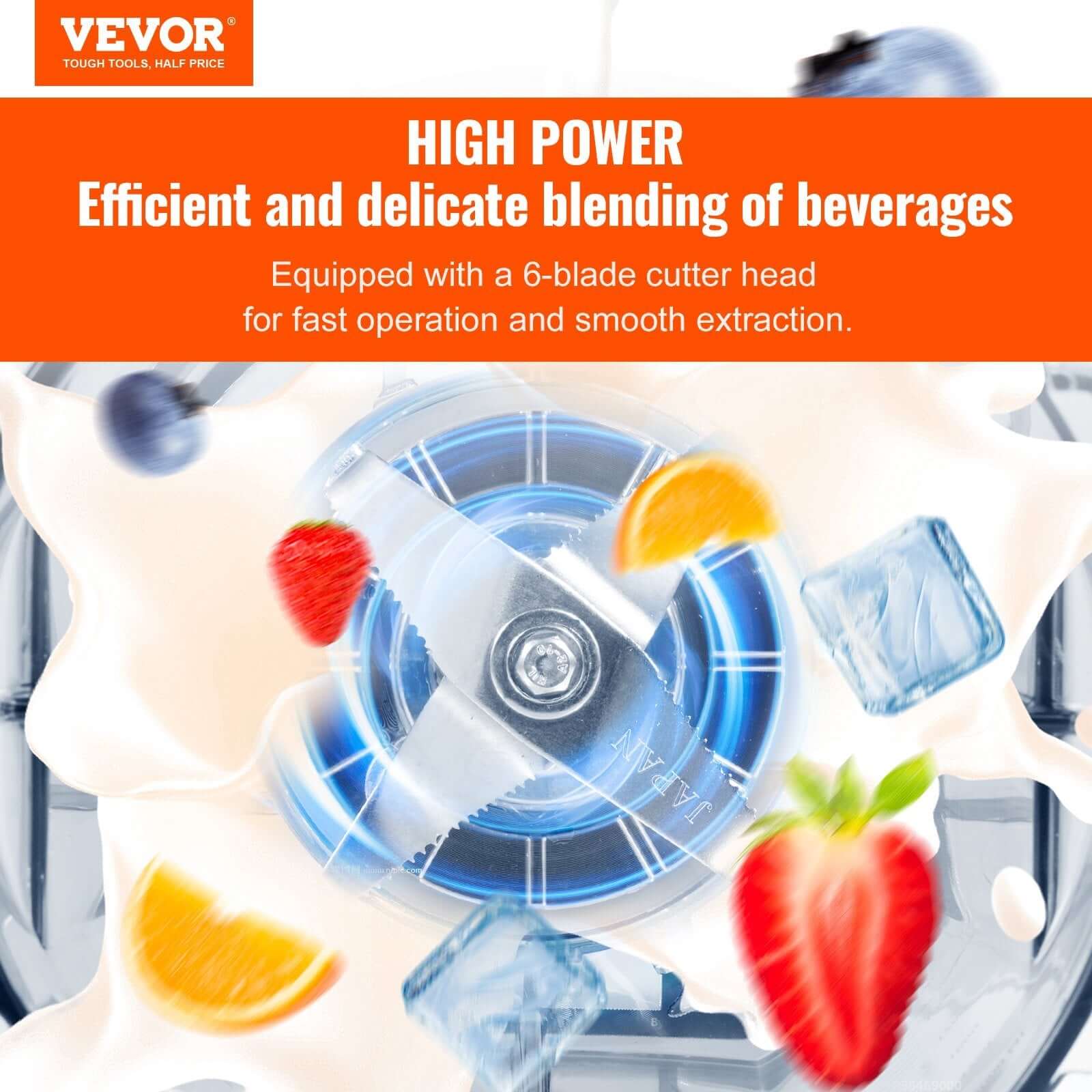 High power blender with six-blade cutter, blending fruit, ice, and milk for smoothies.