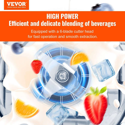 High power blender with six-blade cutter, blending fruit, ice, and milk for smoothies.