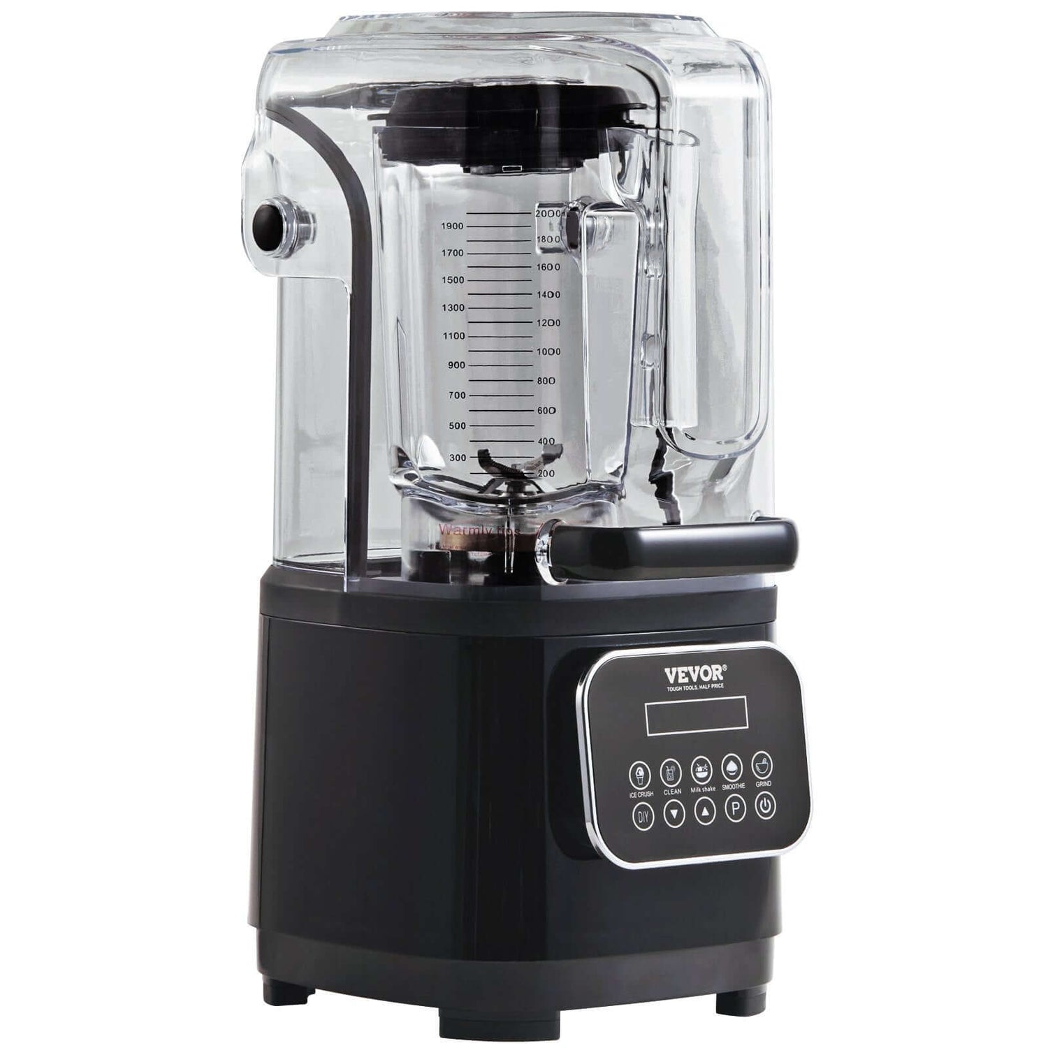 High-powered countertop blender with sound enclosure, digital controls, and clear pitcher