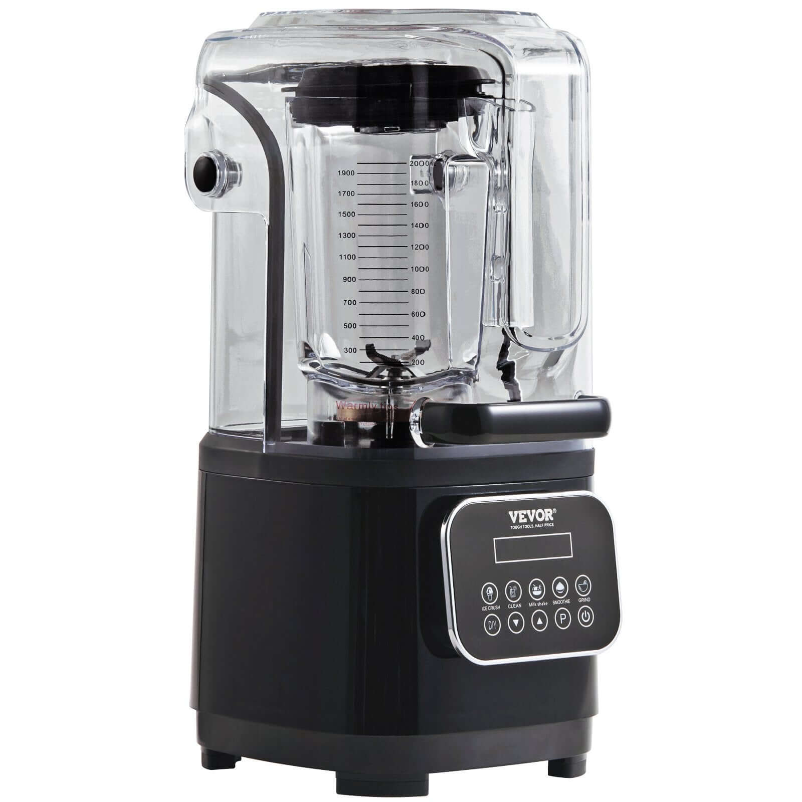 High-powered countertop blender with sound enclosure, digital controls, and clear pitcher
