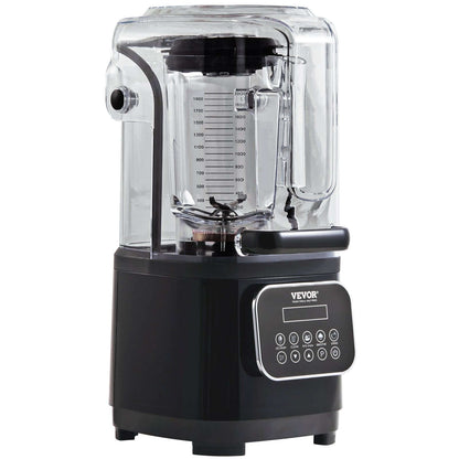 High-powered countertop blender with sound enclosure, digital controls, and clear pitcher