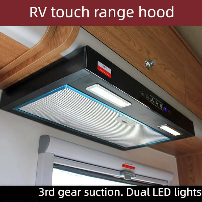 RV kitchen touch range hood installed under cabinet with dual LED lights and 3-speed suction